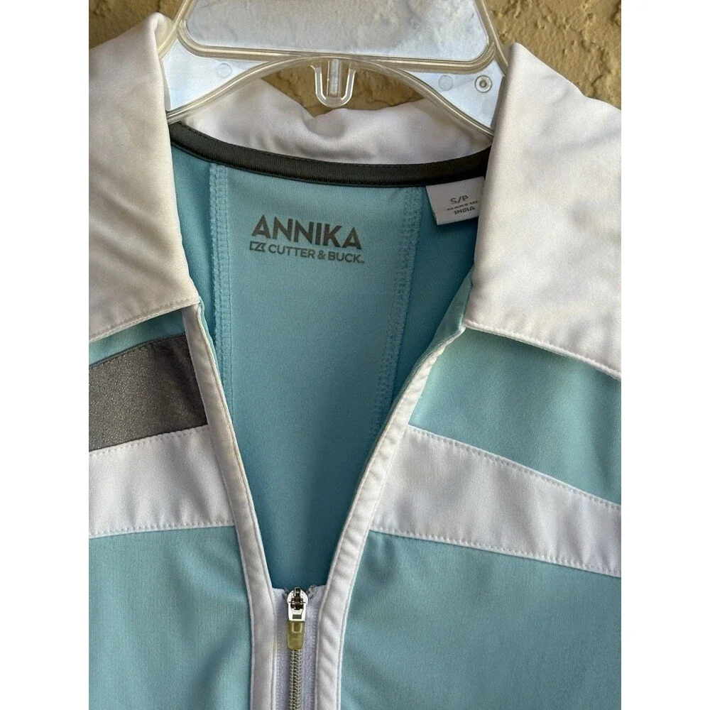 Annika Cutter & Buck Blue White Performance Golf Women’s Small Golf Polo Shirt - Picture 11 of 12